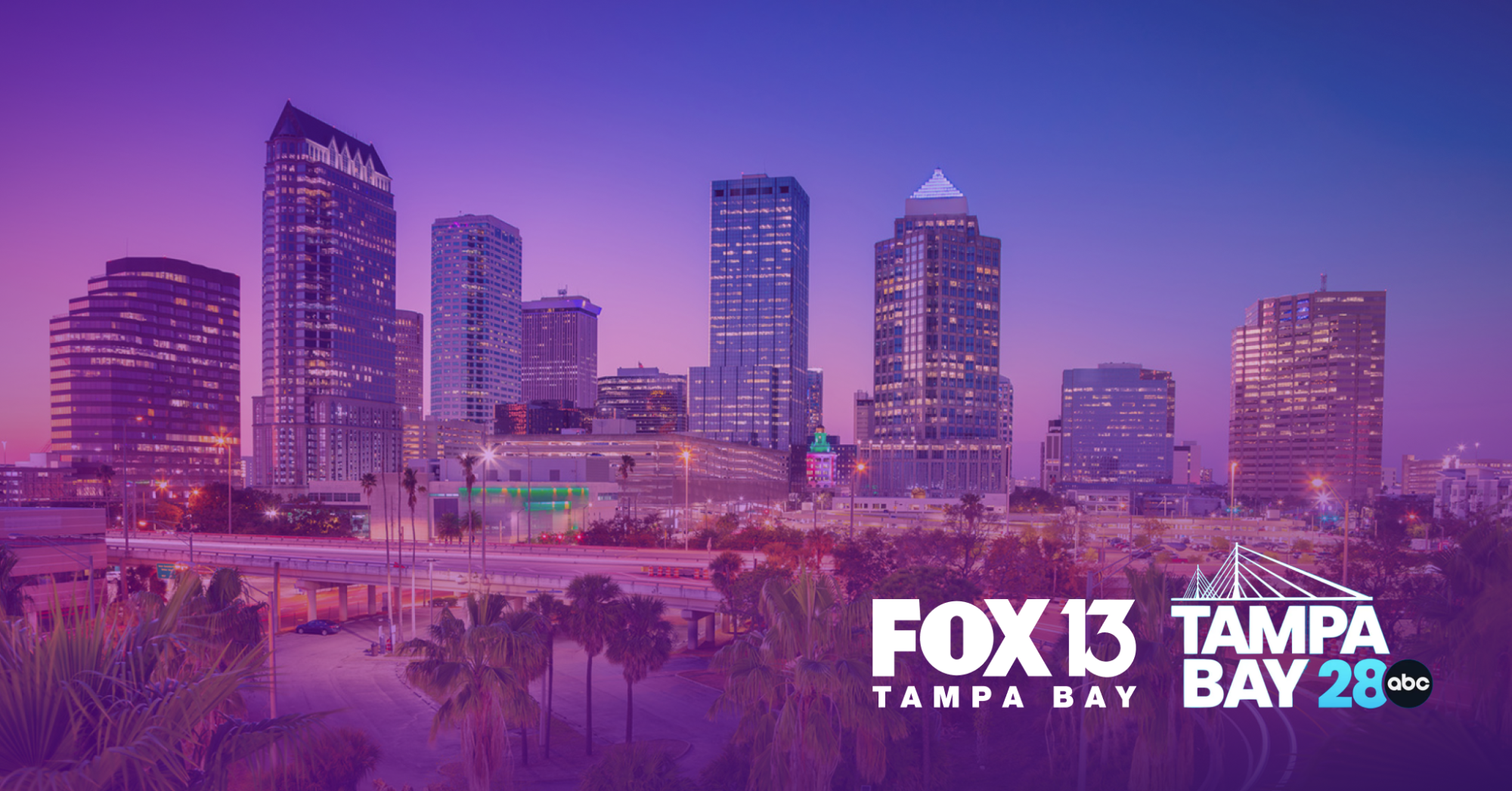 Downtown Tampa skyline at dusk with overlay logos from FOX 13 and Tampa Bay 28