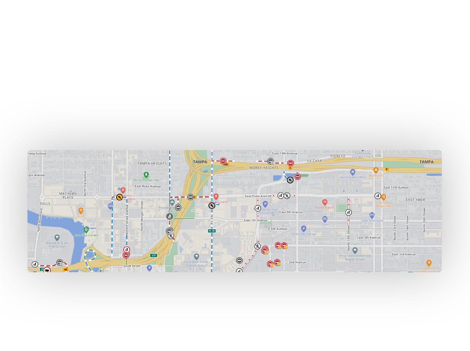 Traffic Management map of Tampa event corridors with an active closure on Bayshore Boulevard