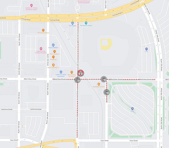 Map of event closures on 13th Street, 12th Street and Mike Fahey Street for the 2025 Men's College World Series
