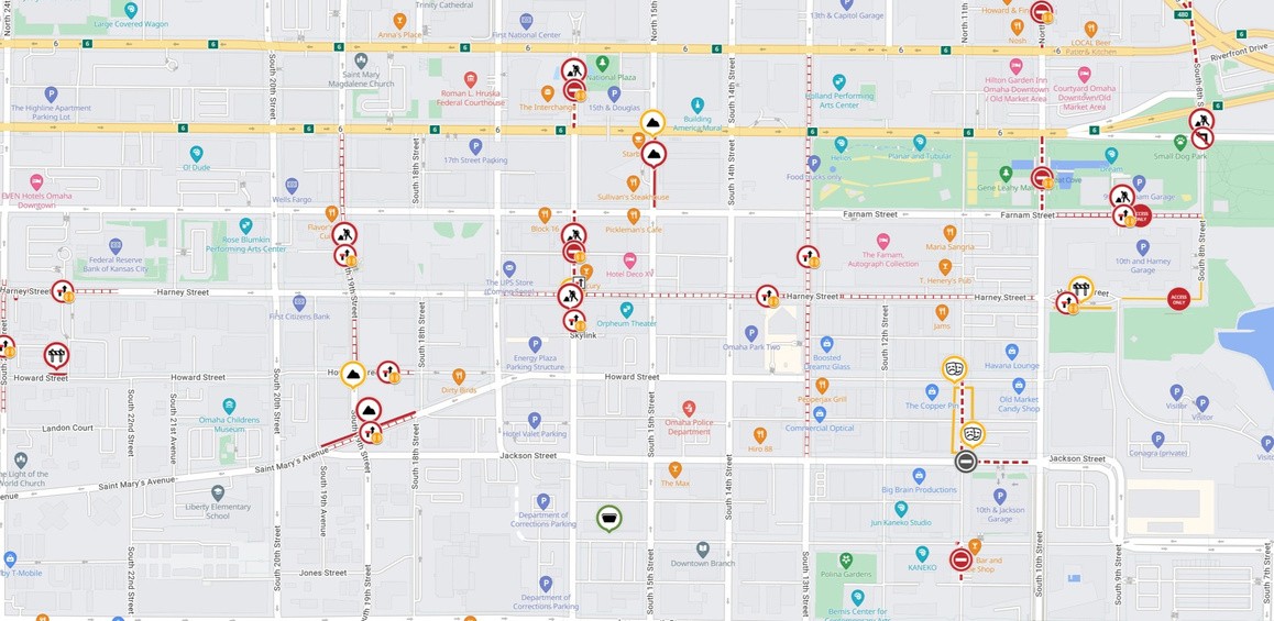 Map of downtown Omaha road activity in Causeway one.network