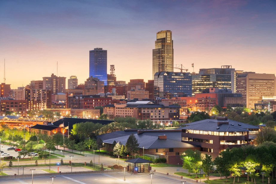 Downtown Omaha, Nebraska skyline at dusk